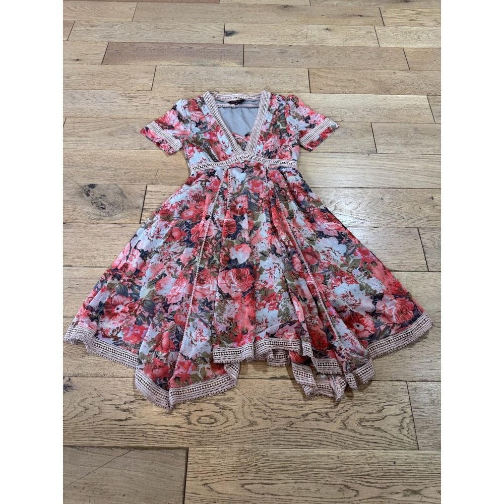 Ranna Gill Floral Print V Neck Crochet Trim Midi Dress Size 8 (864)